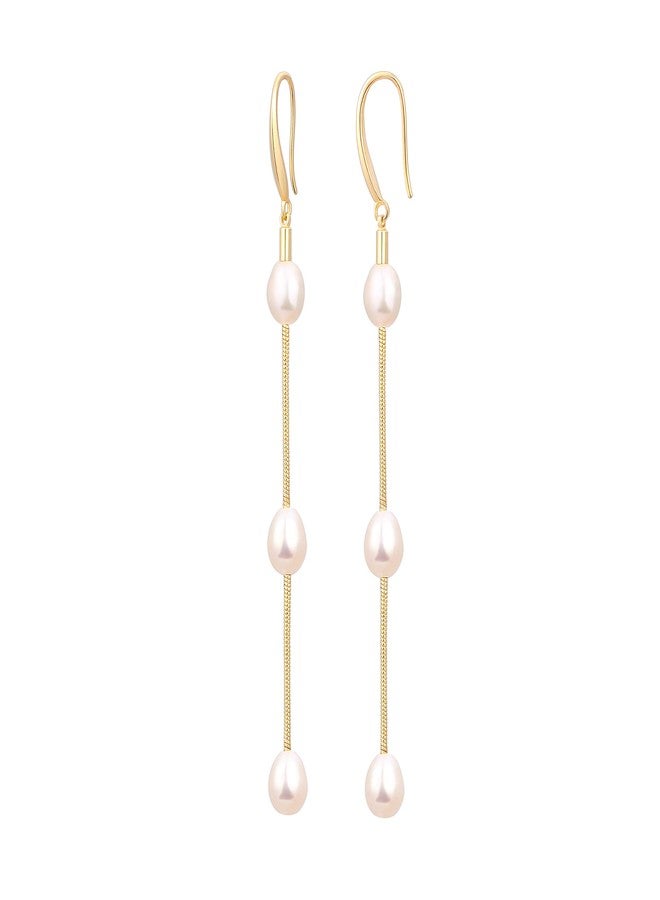 POTESSA Baroque Pearl 18K Gold Plated Hoop Drop Dangle Earrings for Women Long Snake Chain Dainty Bridal Earrings for Wedding - Image 1